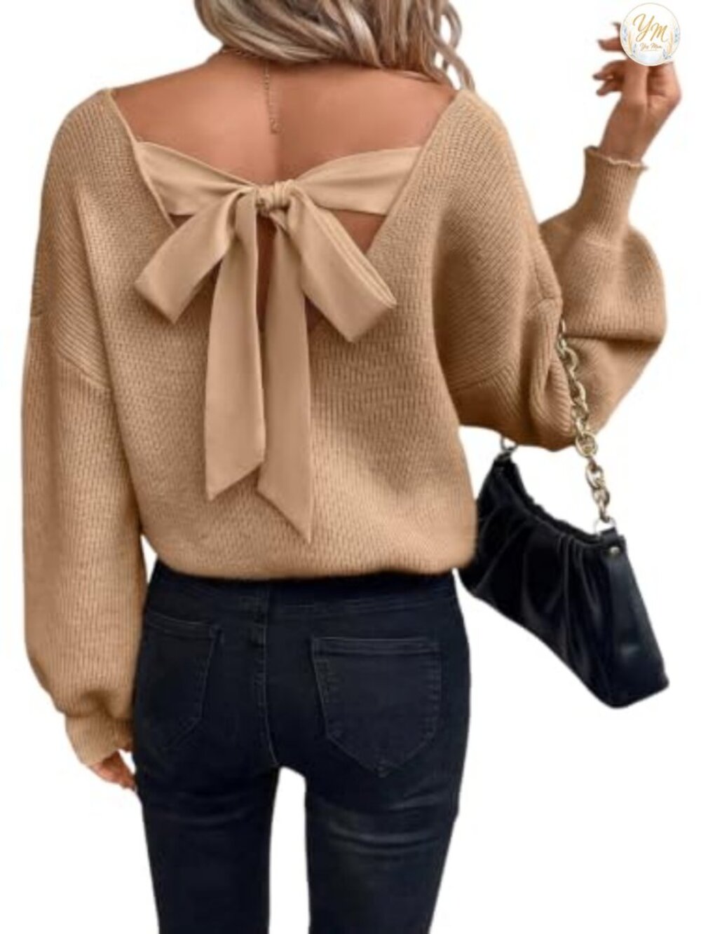 V-Neck Off Shoulder Sweater Fitted Long Sleeve Tie Back Knit Top